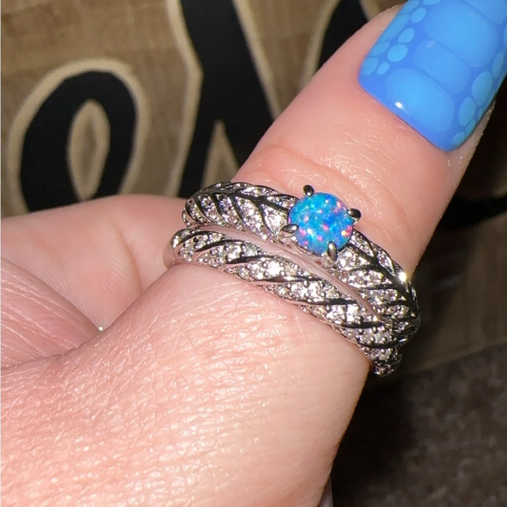 Bomb Party Silver Opal and Diamond Ring Set